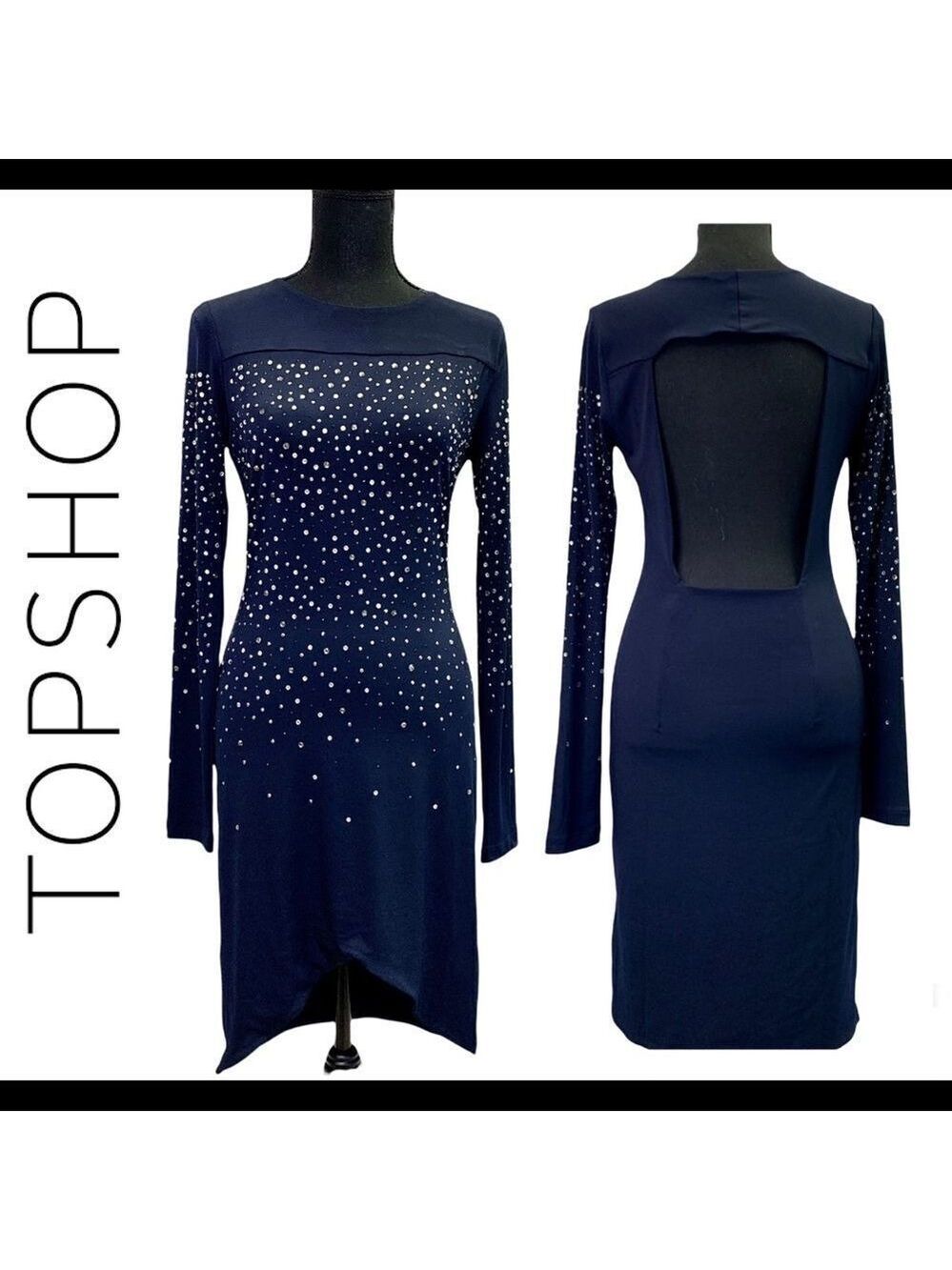 TOPSHOP navy blue long sleeve spandex open back rhinestone embellished dress Sz6